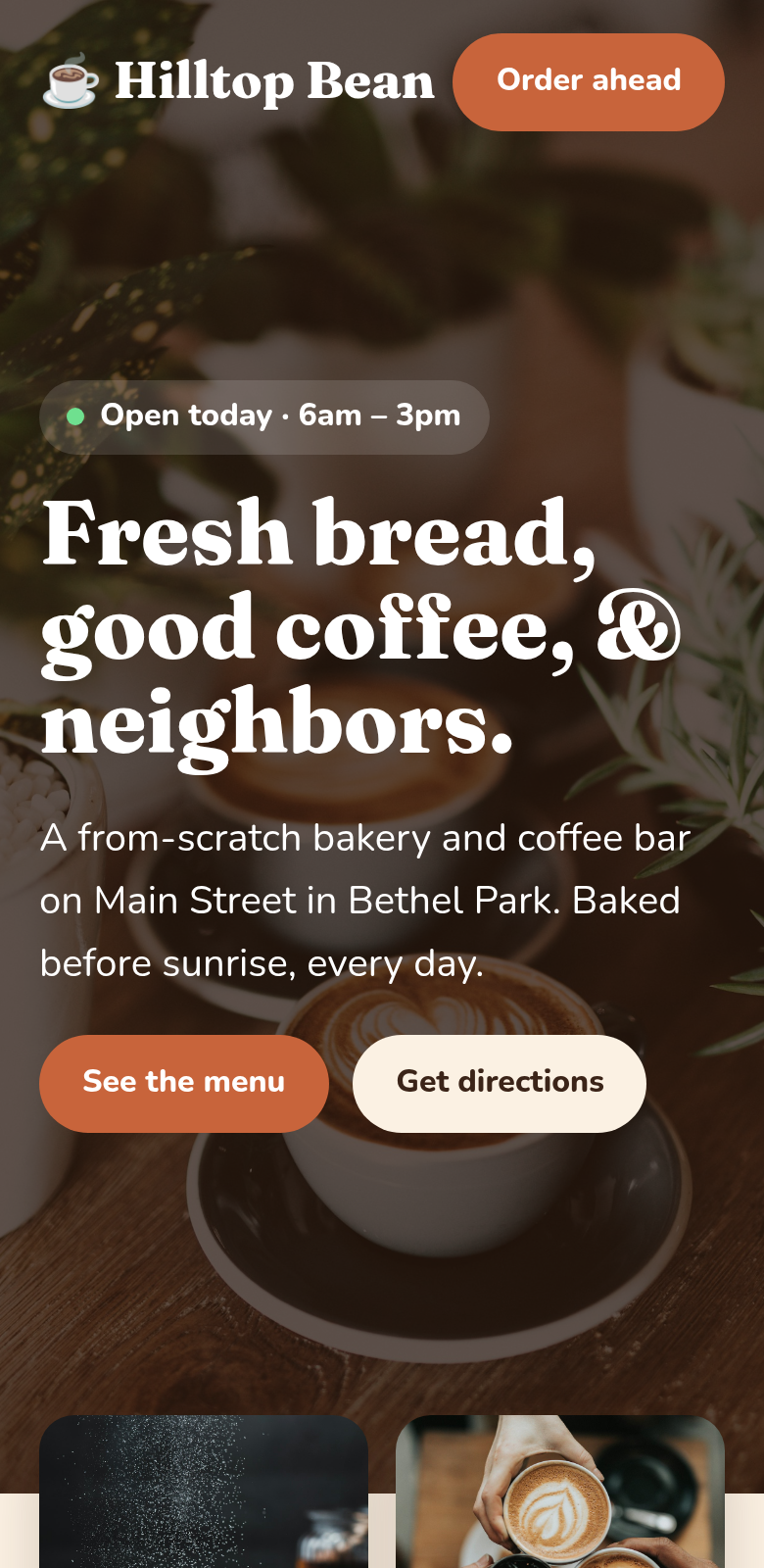 Mobile screenshot of the Hilltop Bean & Bakery sample homepage